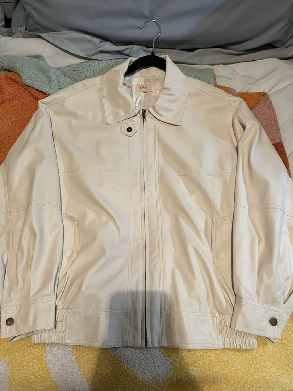 Oversized Elan Cream Leather Zip-Up Jacket